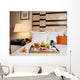 Tray with breakfast on a bed in a hotel room Wall Mural