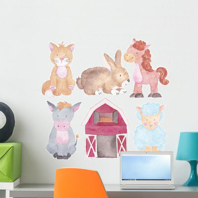 Watercolor Barn Farm Animals Wall Decal Sticker Set shown on a wall