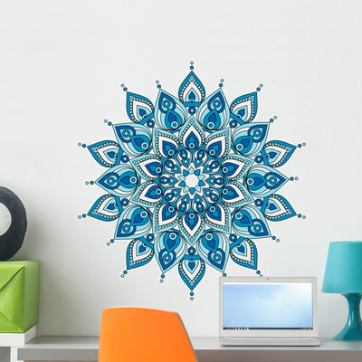Decorative Blue Mandala Wall Decal shown on a wall