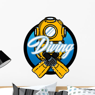 Vintage Scuba Diving Emblem Wall Decal shown on a wall