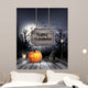 Halloween spooky background with wooden sign. Vector Wall Mural
