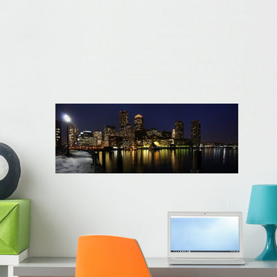 Boston Skyline Panorama Night Wall Mural shown on a wall