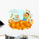 Boy and his dog playing in a pile of autumn leaves Wall Decal