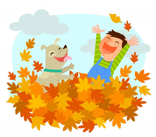 Boy and his dog playing in a pile of autumn leaves Wall Decal