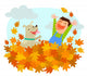 Boy and his dog playing in a pile of autumn leaves Wall Decal