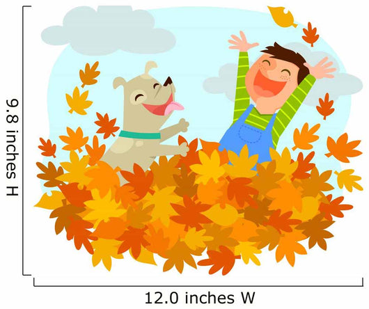 Boy and his dog playing in a pile of autumn leaves Wall Decal