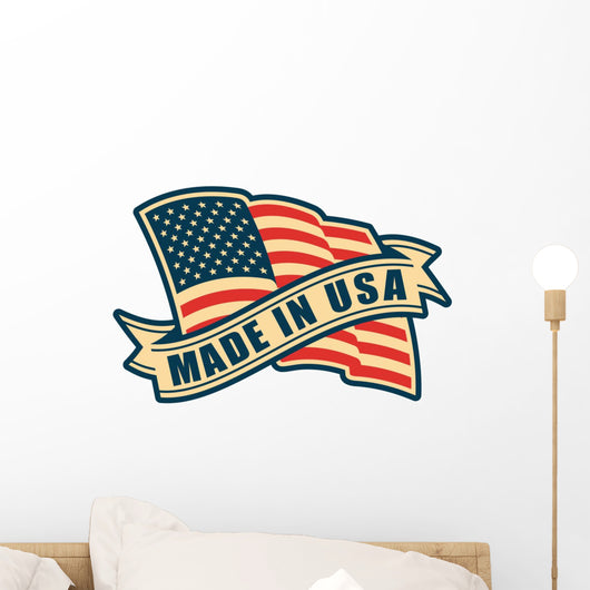 Made in USA (United States of America). Composition with American flag and ribbon in vintage style and colors. Wall Decal