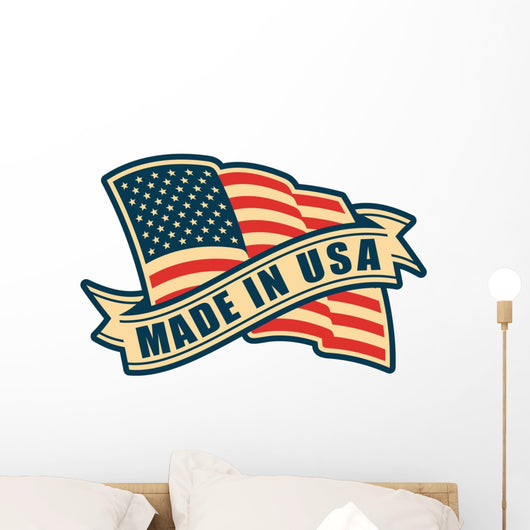 Made in USA (United States of America). Composition with American flag and ribbon in vintage style and colors. Wall Decal