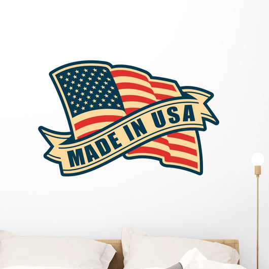 Made in USA (United States of America). Composition with American flag and ribbon in vintage style and colors. Wall Decal