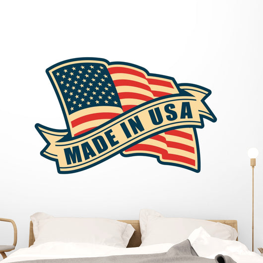 Made in USA (United States of America). Composition with American flag and ribbon in vintage style and colors. Wall Decal