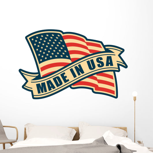 Made in USA (United States of America). Composition with American flag and ribbon in vintage style and colors. Wall Decal