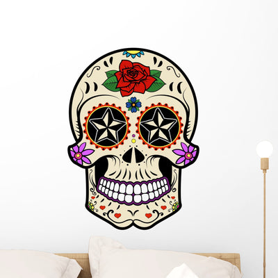 Nautical Rose Sugar Skull Wall Decal shown on a wall