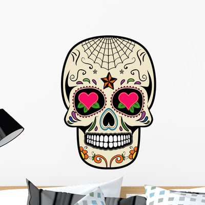 Cobwebbed Heart Sugar Skull Wall Decal shown on a wall