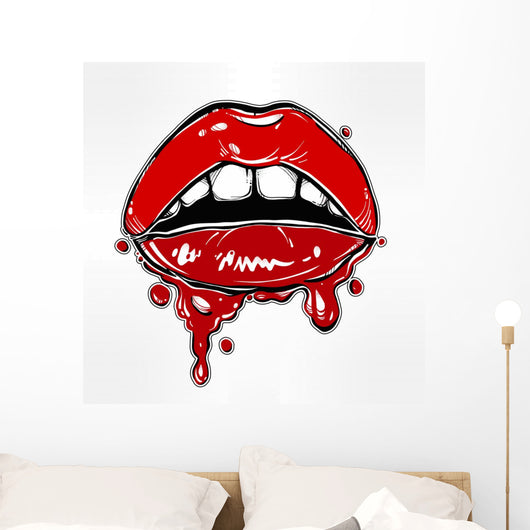 Sexy woman lips with dripping blood or make up. Wall Decal