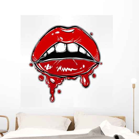Sexy woman lips with dripping blood or make up. Wall Decal
