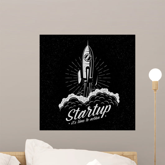 Rocket takes off startup symbol in retro vintage style. Launched spaceship logo. Textures and background on separate layers. Wall Mural