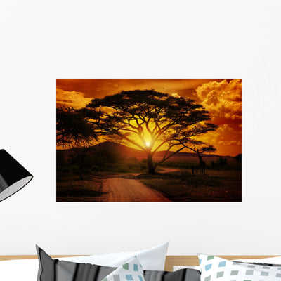 African Safari Sunset Wall Mural shown on a wall