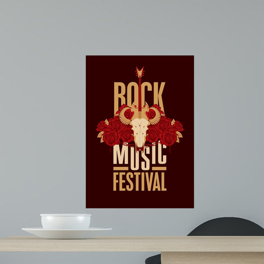 banner poster for festival rock music with goat skull, roses and electric guitar Wall Mural