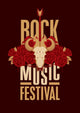 banner poster for festival rock music with goat skull, roses and electric guitar Wall Mural