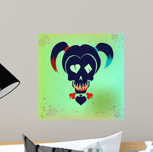 Drawing the face girl with pigtails. Vector hipster skull illustration in bright colors for girls. Suicide Squad. Harley Quinn. Wall Mural