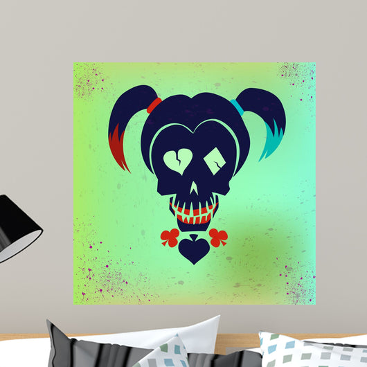 Drawing the face girl with pigtails. Vector hipster skull illustration in bright colors for girls. Suicide Squad. Harley Quinn. Wall Mural