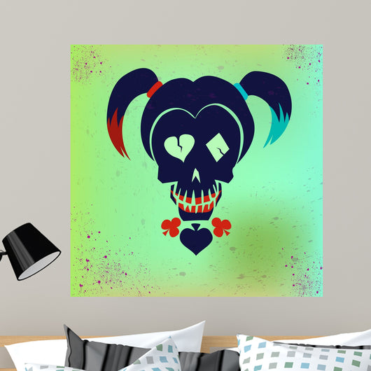 Drawing the face girl with pigtails. Vector hipster skull illustration in bright colors for girls. Suicide Squad. Harley Quinn. Wall Mural