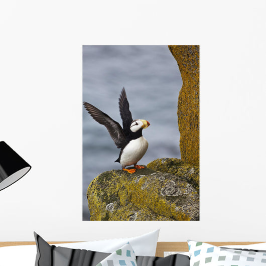 Horned Puffin Standing Lichen-covered Wall Decal