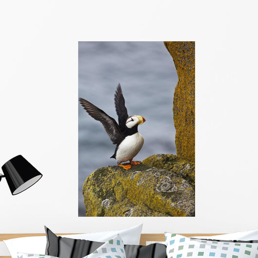 Horned Puffin Standing Lichen-covered Wall Decal