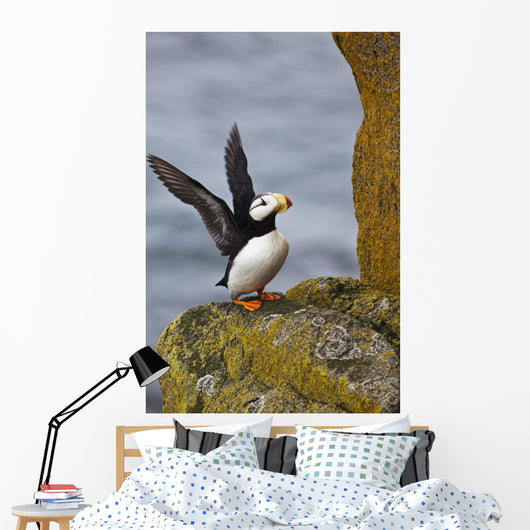 Horned Puffin Standing Lichen-covered Wall Decal