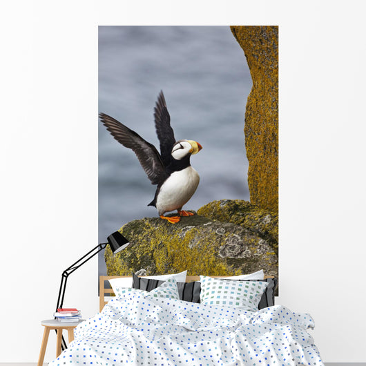 Horned Puffin Standing Lichen-covered Wall Decal
