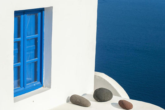 Whitewash Building with Blue Wall Decal