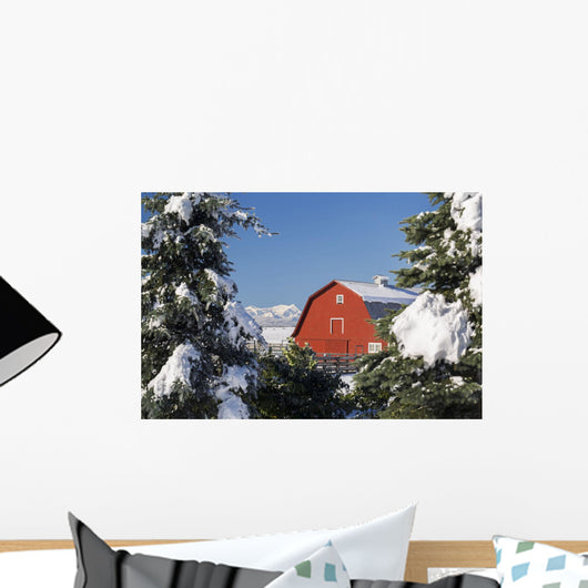 Snow covered red barn, evergreens, mountains Wall Mural