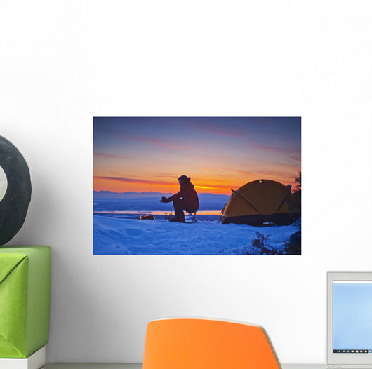 Backpacker Warms His Hands Wall Decal