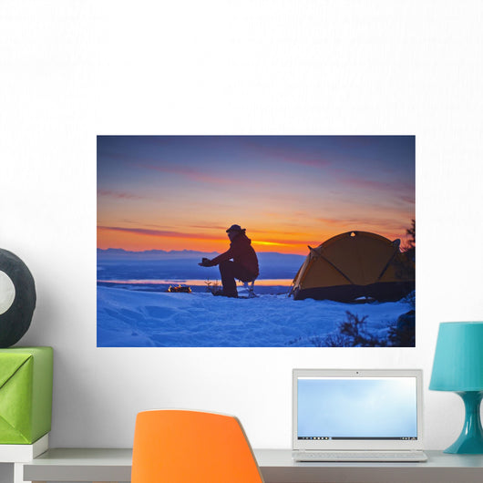 Backpacker Warms His Hands Wall Decal