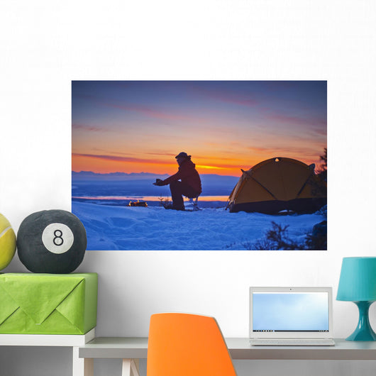 Backpacker Warms His Hands Wall Decal