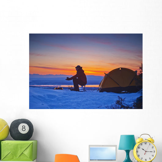 Backpacker Warms His Hands Wall Decal
