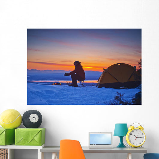 Backpacker Warms His Hands Wall Decal