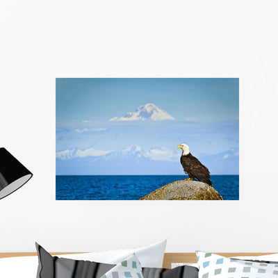 Bald Eagle Perched Rock Wall Decal shown on a wall