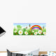 Spring time with daisies, butterflies, swallows and a rainbow Wall Mural
