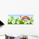 Spring time with daisies, butterflies, swallows and a rainbow Wall Mural
