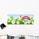 Spring time with daisies, butterflies, swallows and a rainbow Wall Mural