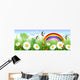 Spring time with daisies, butterflies, swallows and a rainbow Wall Mural