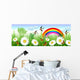 Spring time with daisies, butterflies, swallows and a rainbow Wall Mural