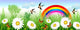 Spring time with daisies, butterflies, swallows and a rainbow Wall Mural