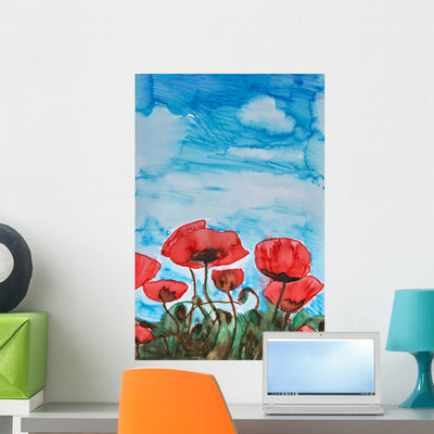 Painting Red Poppies and Wall Decal shown on a wall