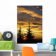 Silhouette of two evergreen trees, sunrise Wall Mural