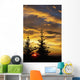Silhouette of two evergreen trees, sunrise Wall Mural