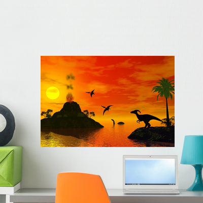 Dinosaur World Wall Mural shown on a wall