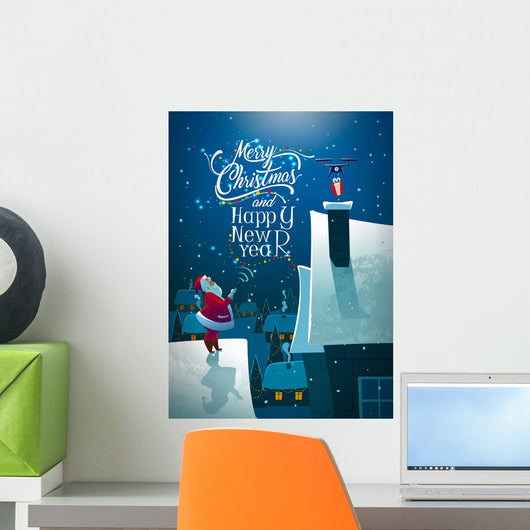Santa on the roof. Dron with gift. Wall Mural