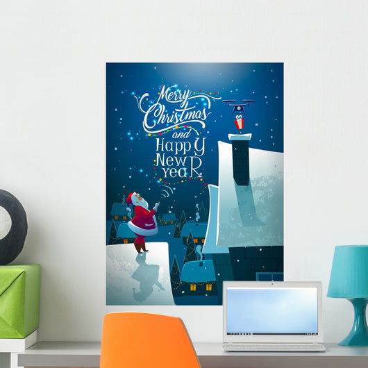 Santa on the roof. Dron with gift. Wall Mural